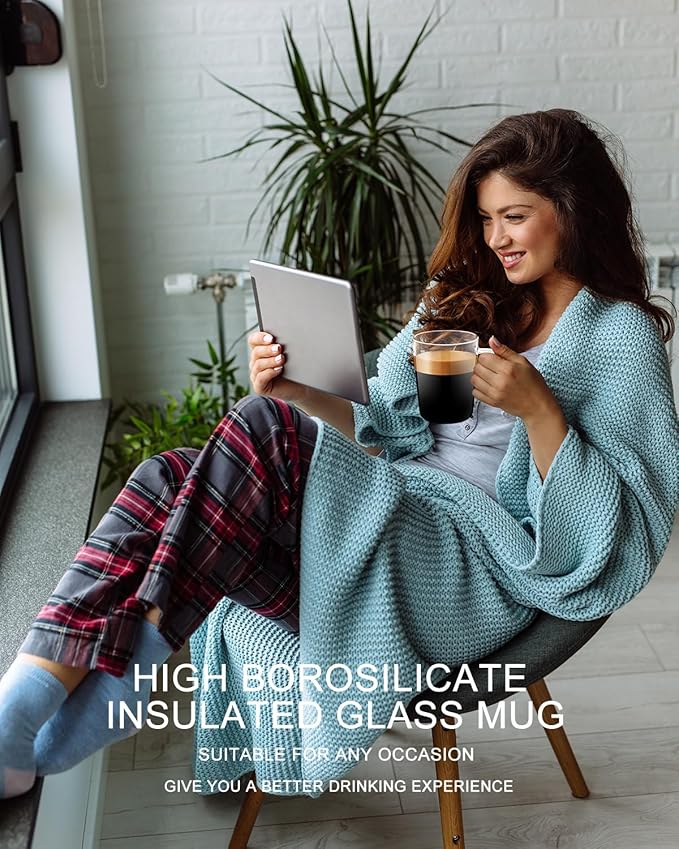 LUXU Glass Coffee Mugs(Set of 4)-17 oz,Clear Beer Mugs,Glass Tea Cups with Comfortable Handle,Lead-free Drinking Glasses,Perfect for Latte,Espresso,Juice,Water,Milk or Hot and Cold Beverage