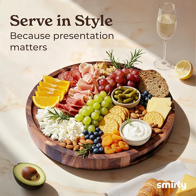 SMIRLY Round Wooden Cutting Boards 1.5” Thick For Kitchen Meal Prep & Serving - Walnut Cutting Board, Charcuterie & Chopping Board, Wood Cutting Board, Kitchen Gadgets