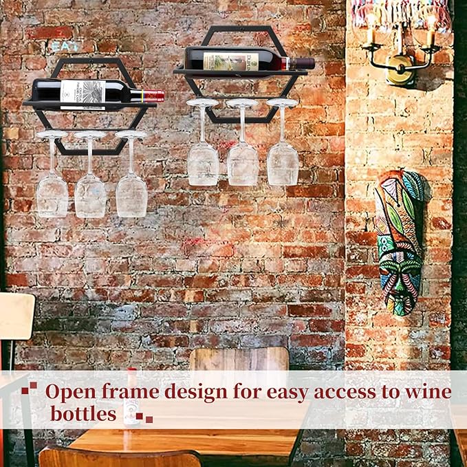 2Pcs Wall Mounted Wine Bottle Stemware Rack, Metal Hanging Wine Display Holder with 3 Stemware Glass Organizer, Red Wine Racks for Home Kitchen Bar Decor (Black) (A2)