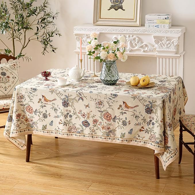 French Tablecloth for Square Tables,Linen Table Cloth with Flowers and Birds Pattern,Heavy Durable Table Cover for Dining Thanksgiving Kitchen Decor Party Banquet Christmas,55"*55"