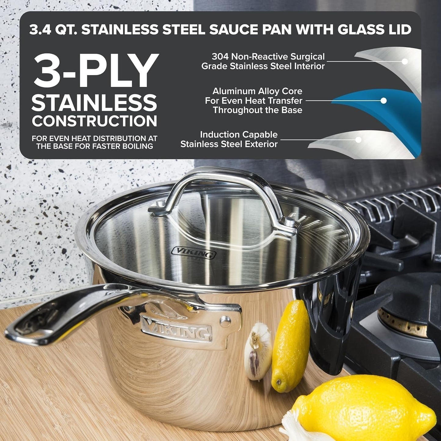 Viking Stainless Steel Kitchen Essentials Bundle – 3-Piece Cookware Set with 8 Cooking Utensils, 4.8 Qt Sauté Pan & Lid, 3.4 Qt Sauce Pan & Lid – Induction Ready, Oven & Dishwasher Safe