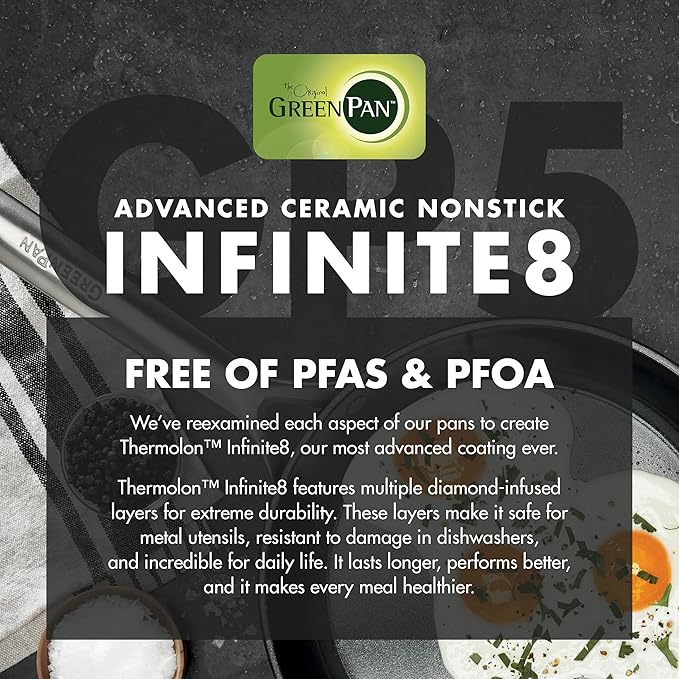 GreenPan GP5 Hard Anodized Healthy Ceramic Nonstick 14 Piece Cookware Pots & Pans Set, Heavy Gauge Scratch Resistant, Stay-Flat-Surface, Induction, Oven Safe, PFAS-Free, Black