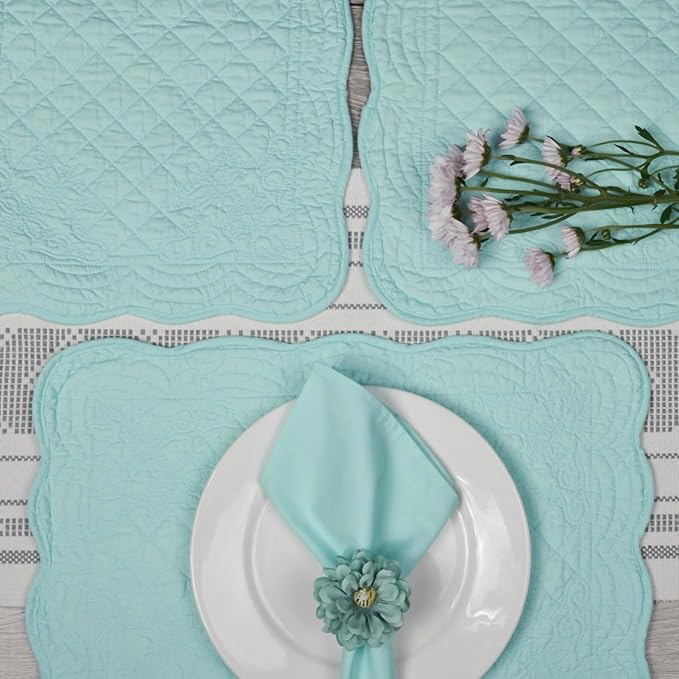 Quilted Placemats Set of 4 with Matching White Cotton Napkins – 4 Piece Table Mats & 4 Cloth Napkins – Solid Color Table Linen Set for Everyday & Holiday Dining (4, Aqua Blue)