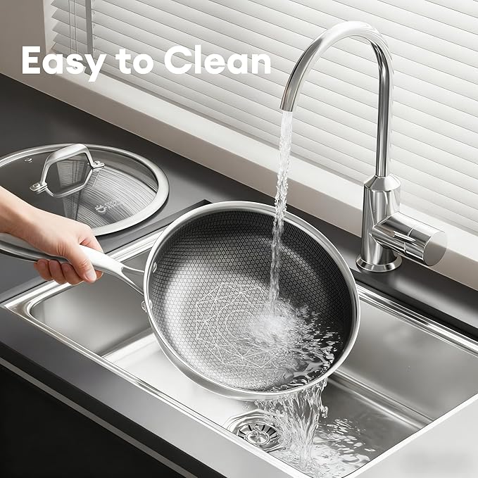 COOKER KING 12-Inch Wok with Lid, Hybird Nonstick Wok Professional Grade, Stainless Steel Woks & Stir-Fry Pans, Stay-Cool Handle, Dishwasher & Oven-Safe,Compatible with All Cooktops