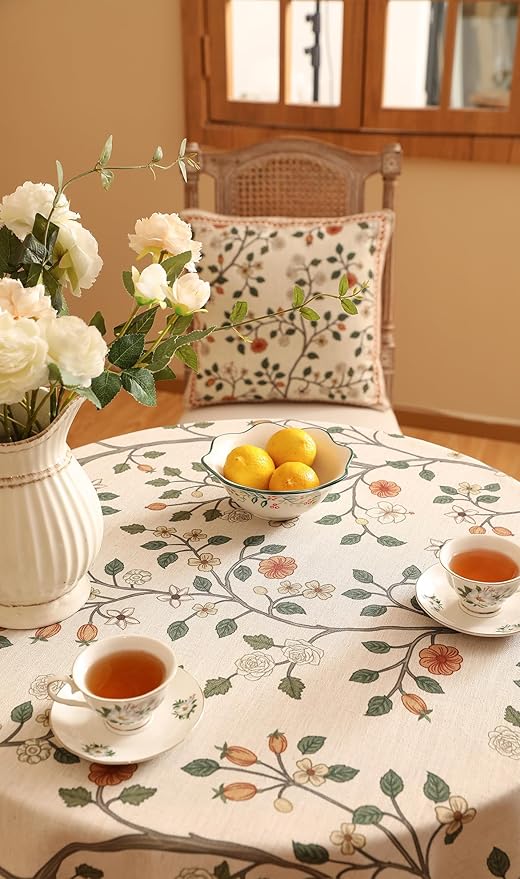French Tablecloth for Round Tables,Linen Table Cloth with Colorful Flowers and Leaves Pattern,Heavy Durable Table Cover for Dining Thanksgiving Kitchen Decor Party Christmas,Diameter 67"