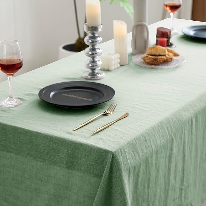 EVERLY Linen Rectangle Tablecloths 60x84 Inches for Dining Room Kitchen Buffet Parties Picnic Events Weddings and Restaurants, Decorative Halloween Thanksgiving Machine Washable Tablecloths-SaGa Green
