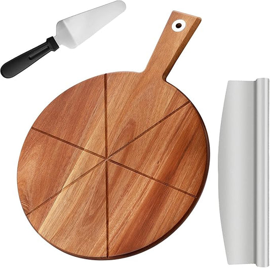 Pizza Peel 12 Inch, Wood Pizza Board with Handle, Round Pizza Paddle with Cutter, Pizza Cutting Board for Cheese Bread Fruit Vegetables, Pizza Accessories Supplies