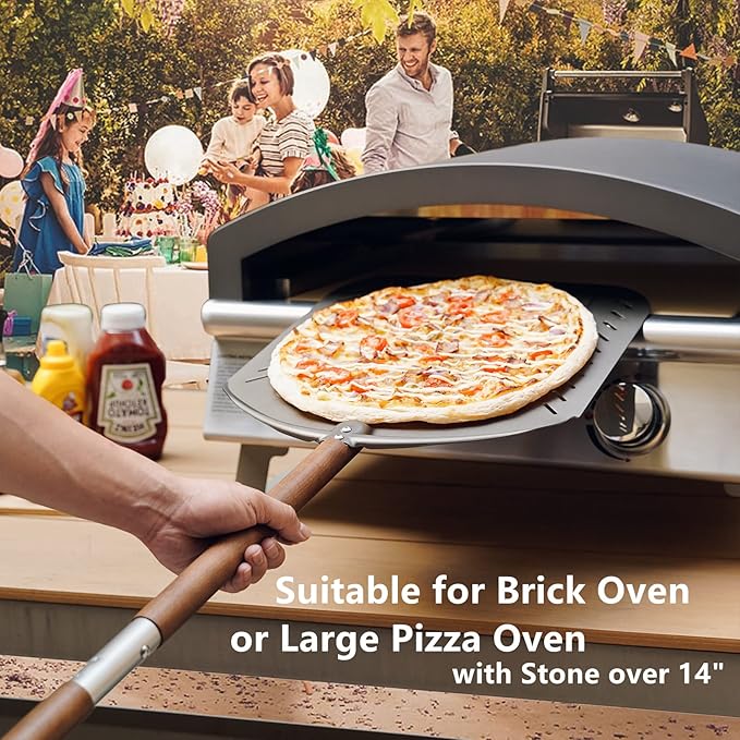 Q Pizza Perforated Pizza Peel 14" with Detachable Long Handle for Grill Oven, Large Pizza spatula Turning Paddle, Oven Accessory for Baking Bread Pastry Dough Pie Cake, Aluminium