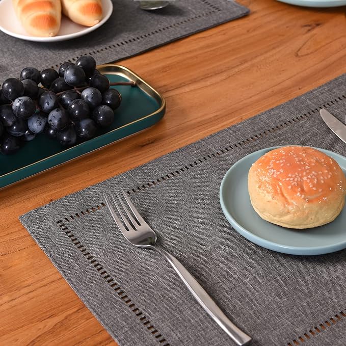 Tosewever Set of 4 Decorative Linen Placemats 12 x 18 Inches, Farmhouse Style Table Mats for Everyday Dining Wedding Party Holiday Home Decor (4 Pieces 12 x 18”, Grey/Straight)