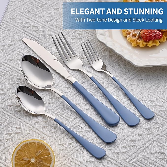 20-Piece Grey Blue Silverware Set, 18/0 Stainless Steel Grey Blue Handle Flatware Set, Service for 4,Modern Cutlery Set Includes Dinner Knives Forks Spoons,Mirror Polished,Dishwasher Safe