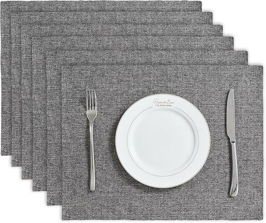 BALCONY & FALCON Placemats Set of 6 Faux Linen Cloth Place Mats Washable Waterproof Wrinkle Resistant Table Placemats for Dining Kitchen Farmhouse Indoor & Outdoor Use(Gray, 13.8”x 17.7”