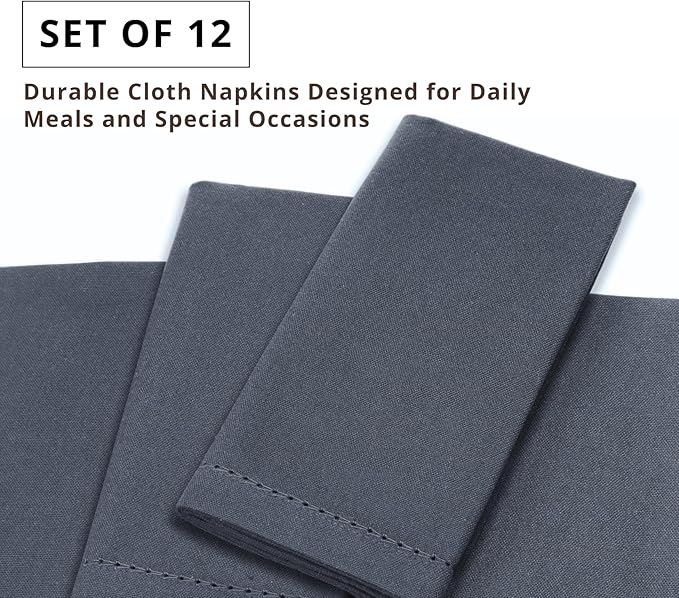 PurpleEssences Set of 12 Hemstitch Cloth Dinner Napkins 100% Cotton - Soft Durable Washable - Ideal for Wedding Christmas Holiday Winter - Perfect Everyday Use Table Linen 18x18 - Dark Gray