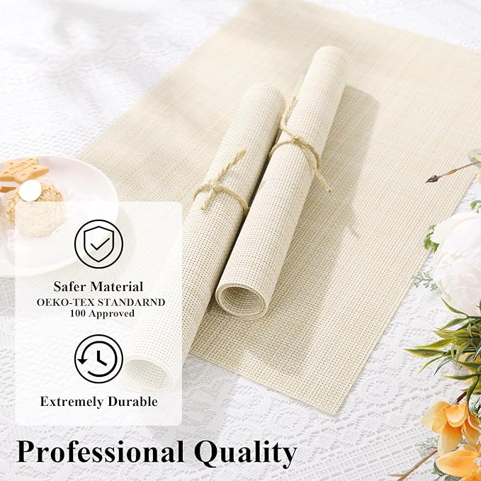 SHACOS Placemats Set of 6 Woven Vinyl Place Mats Wipeable Heat Resistant Stain Resistant Table Mats Indoor Outdoor, Beige White