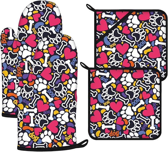 Paw Prints Oven Mitts and Pot Holders Sets 4Pcs,Extra Long Oven Gloves Potholder for Kitchen Cooking Baking BBQ 100% Cotton Heat Resistant