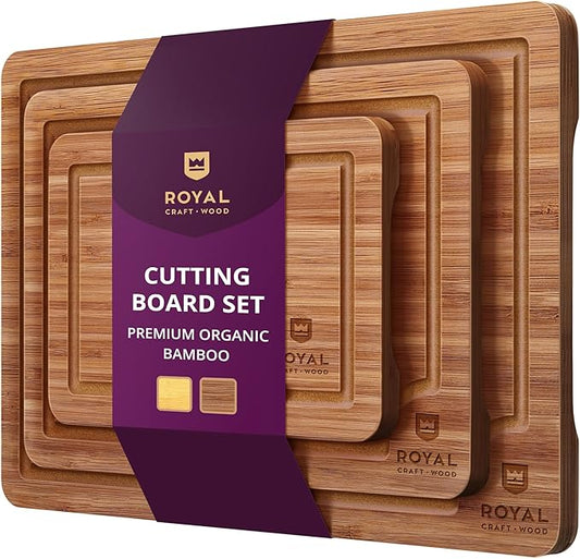 ROYAL CRAFT WOOD Wooden Cutting Boards for Kitchen Meal Prep & Serving - Bamboo Wood Serving Board Set with Deep Juice Groove Side Handles - Charcuterie & Chopping Butcher Block for Meat (3 Pcs)