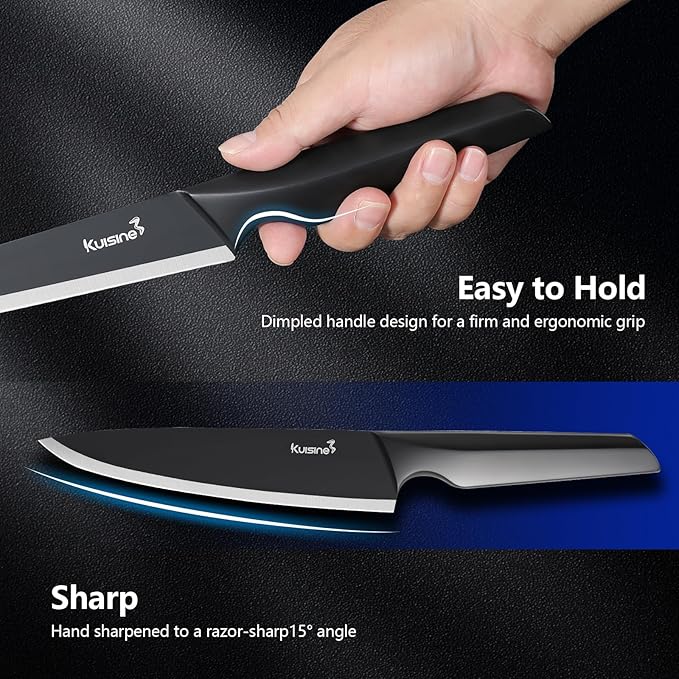 Kuisine Premium Knife Set,One-piece Steel Molding,High Carbon Stainless Steel Ultra Sharp,Non-slip Ergonomic Solid Steel Handle,Built-in Sharpener Knife Block Set,Luxury Gift(15PCS,BlackPro EX)