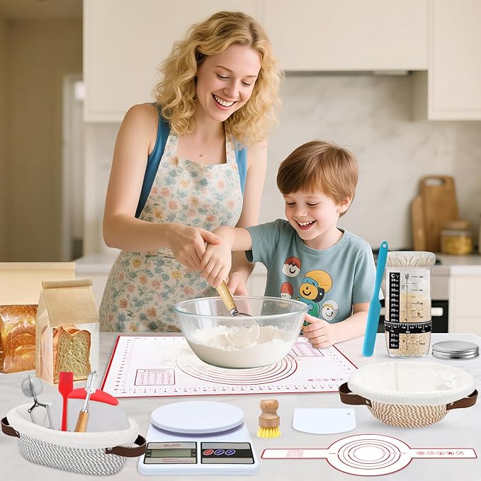 38 Pcs Sourdough Starter Kit, Cotton Rope Banneton Bread Proofing Basket with Sourdough Starter Jars,10 Inch Round & Oval Proofing Basket with Liners & Covers for Artisan Bread Baking