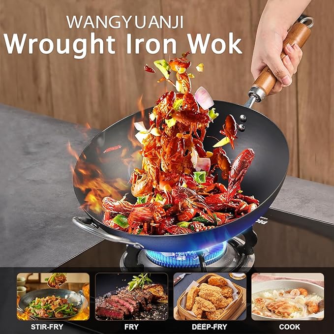 WANGYUANJI Carbon Steel Wok Pan, 13.4" Woks & Stir-Fry Pans with Glass Lid No Chemical Coated Flat Bottom Iron Wok for Induction, Electric, Gas, Halogen All Stoves