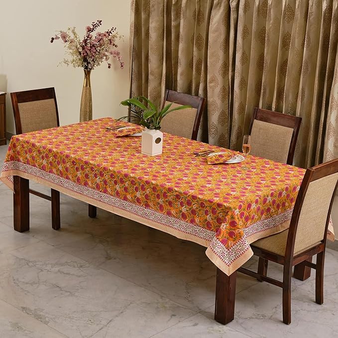 Ridhi Bubblegum Pink Hand Block Print Cotton Rectangle Tablecloth 120 x 60 inches Reusable Table Cover Decorative Everyday Use for Dining Room, Farmhouse, Home, Party, Festive & Wedding, Fall