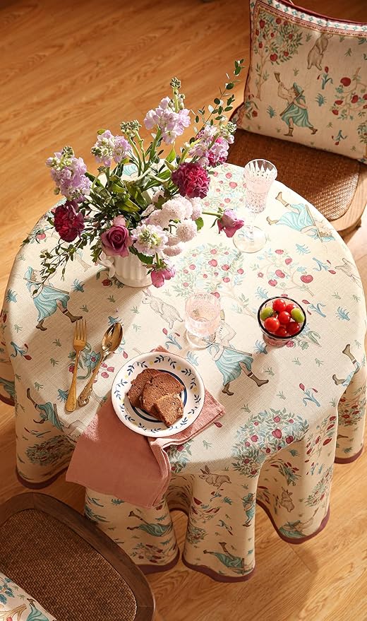 patdrea Designer Beige Tablecloth for Round Tables,Vintage Elegant French Linen with Trees and Kid Pattern Table Cloth,Farmhouse Table Cover Cloth Decor for Kitchen Dining Christmas,Diameter 55"