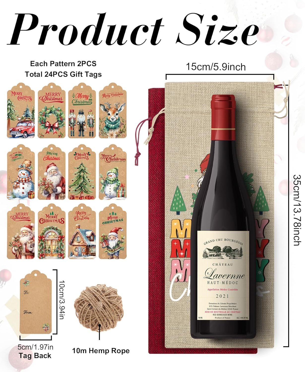 Aoonby 24PCS Burlap Wine Bags Christmas Wines Gift Bag, Drawstring Retro Christmas Bottle Cover Gift Bag w/Tag, Reusable Wines Bags for Bottles Gifts Wine Bottle Covers for Xmas Holiday Party Decor