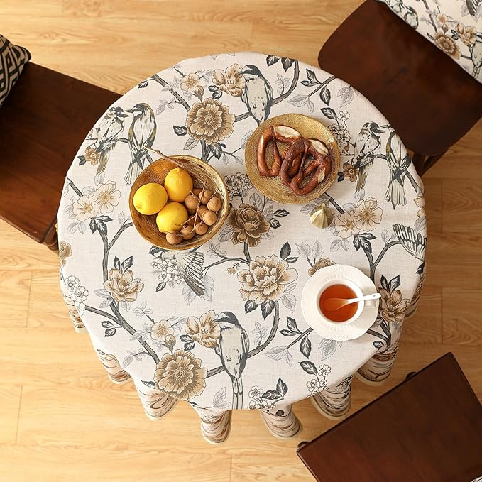 Floral Tablecloth for Round Tables,Linen Table Cloth with Yellow and White Flowers Pattern,Heavy Durable Table Cover for Dining Thanksgiving Kitchen Decor Party Christmas,Diameter 55"