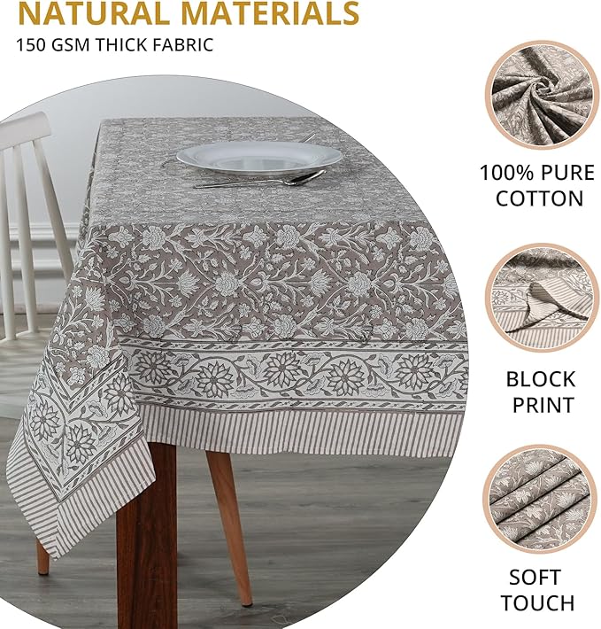 Ridhi Taupe Hand Block Print Cotton Rectangle Tablecloth 160 x 72 inches Reusable Table Cover Decorative Everyday Use for Dining Room, Farmhouse, Home, Party, Festive & Wedding, Fall