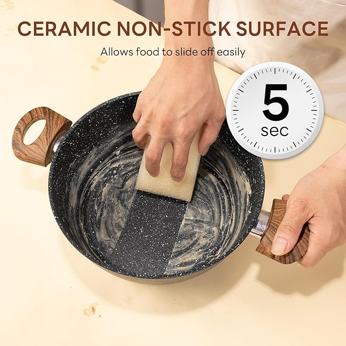 Sweetcrispy 17 Pcs Nonstick Pots and Pans, Non-toxic Kitchen Cooking Set with Stay-Cool Handles, Black