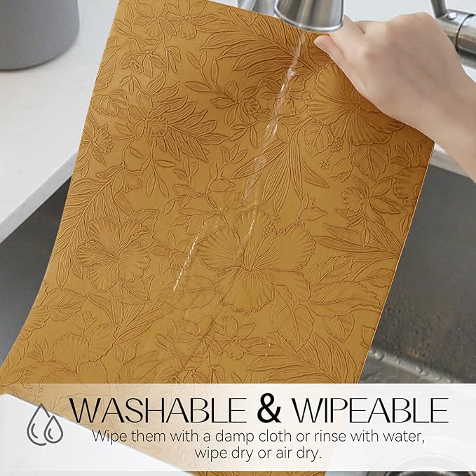Romanstile Vinyl Placemats Set of 4-12 X 18 Inch - Heat Resistant Non-Slip Embossed Floral Place Mats 100% Waterproof Oilproof Wipeable Faux Leather Table Mats for Kitchen/Dining/Party, Gold