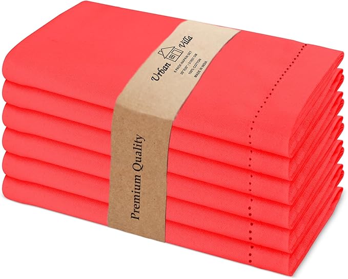 Urban Villa Cloth Napkins Hemstitch Solid Red100% Cotton Absorbent Dinner Napkins (Set of 6) 20x20 Inches Soft Durable Washable Reusable Ideal for Everyday Use Wedding Parties Cloth Dinner Napkins