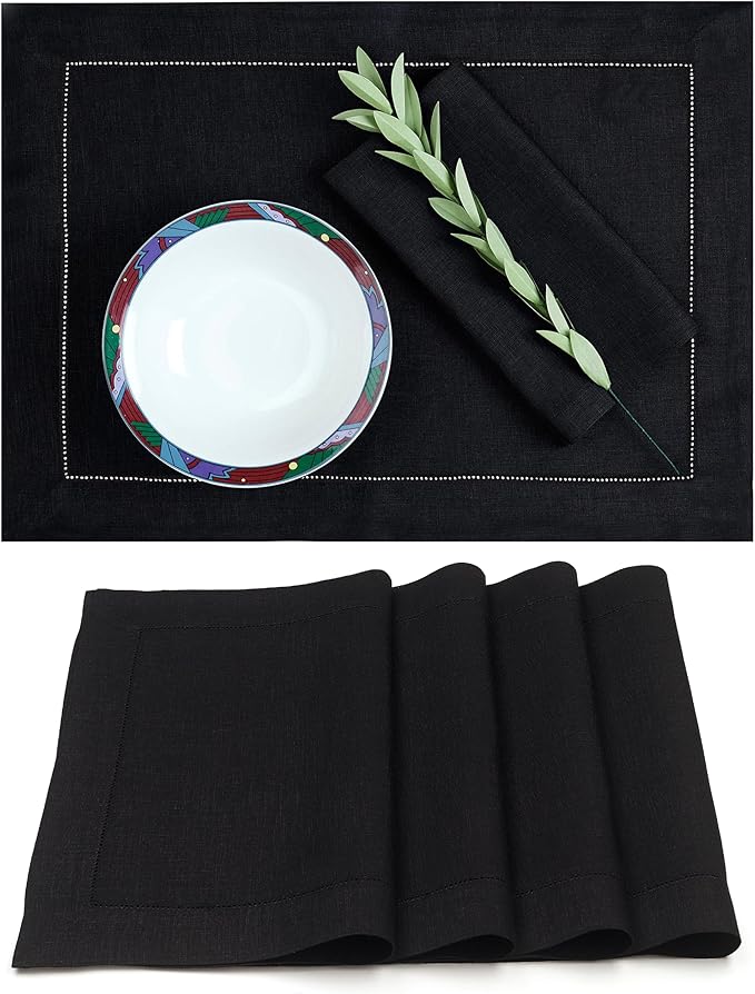 D'Moksha Homes Linen Placemats Set of 4 - Classic Hemstitch Black Placemats 14 x 19 Inch - 100% Pure Linen Table Mats for Fall, Thanksgiving, Holiday - Handcrafted and Machine Washable