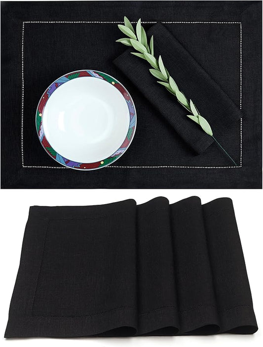 D'Moksha Homes Linen Placemats Set of 4 - Classic Hemstitch Black Placemats 14 x 19 Inch - 100% Pure Linen Table Mats for Fall, Thanksgiving, Holiday - Handcrafted and Machine Washable