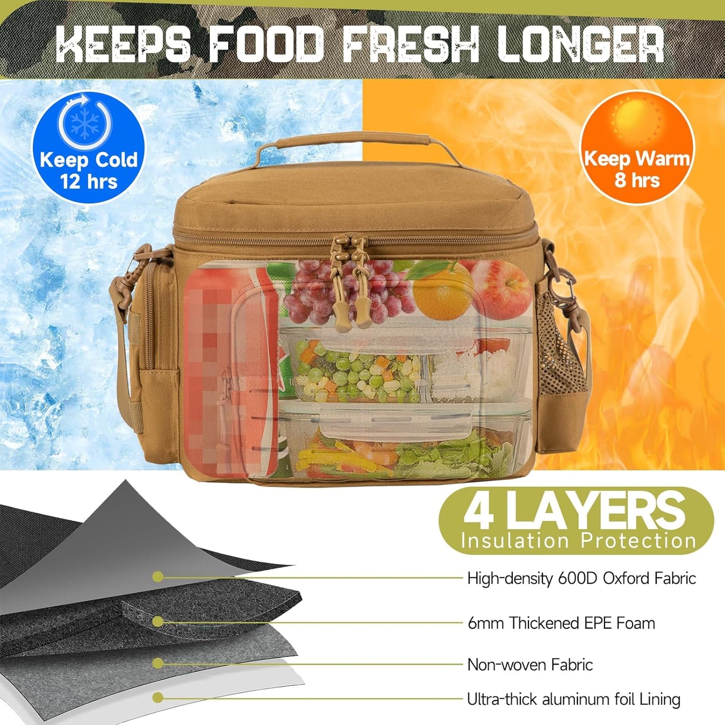 QT&QY Tactical Lunch Bag for mens Military heavy duty lunch box work Leakproof insulated Durable Thermal Cooler Bag for Adult Meal for Office Camping Picnic Pail MOLLE Webbing Khaki