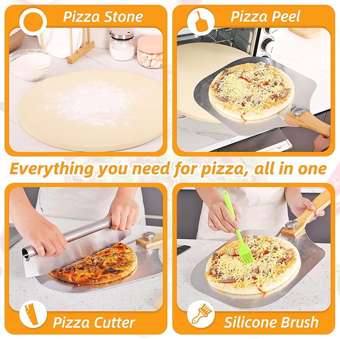 Pizza Stone 5 PCS Set, 15 Inch Large Round Pizza Stone Set for Oven & Outdoor Grill with Metal Pizza Peels & Cutter Rocker, 0.6'' Thickened Stone Pizza Pan, Grill Baking Stone for Pizza, Bread