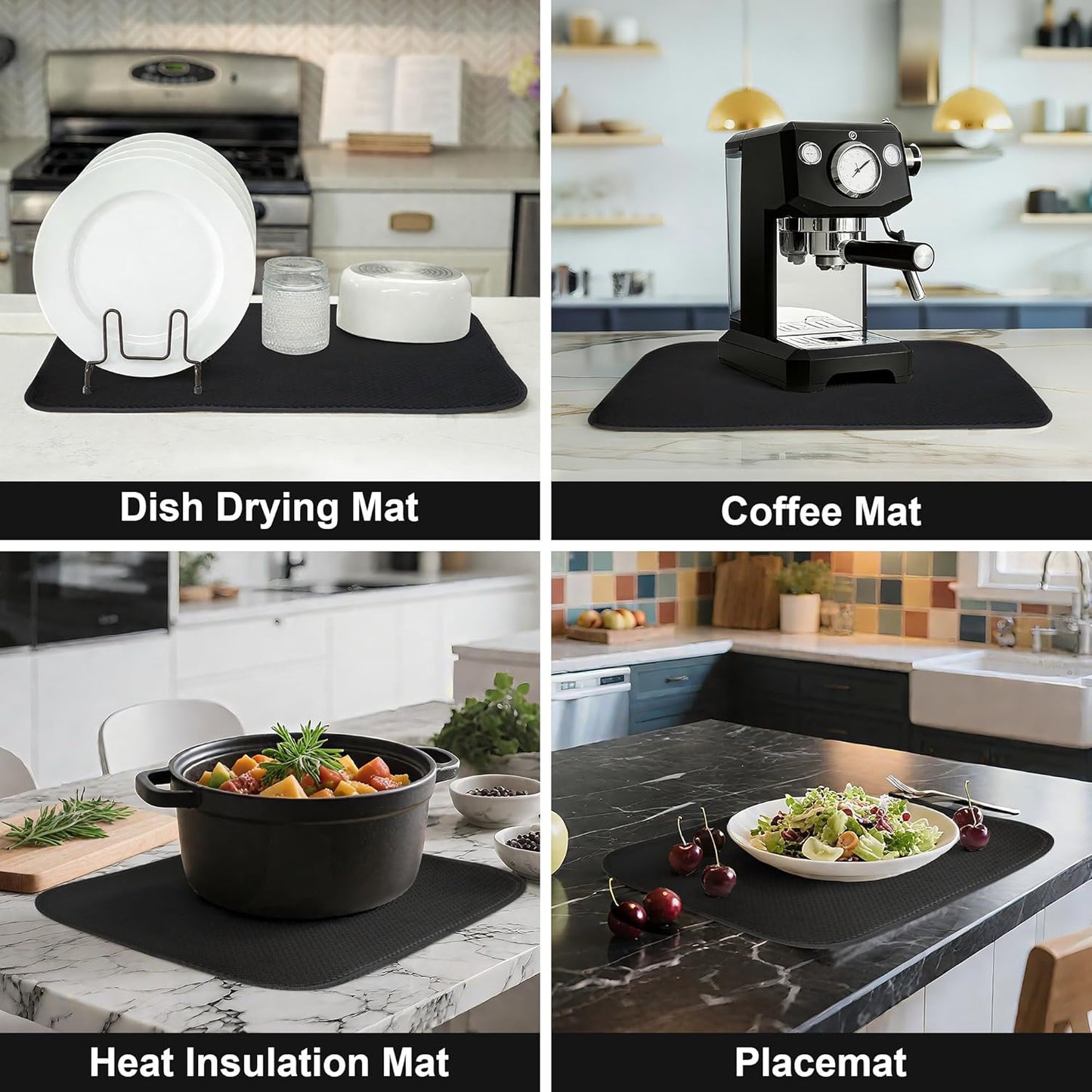 Black Dish Drying Mats 20" x 15", XL Kitchen Drying Mat for Counter, Microfiber Dish Dryer Mat, Microfiber Dish Rack Mat, Foldable Dish Drying Pad for Dishes, Pots, Pans (Black)