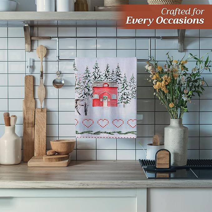 Maison d' Hermine Kitchen Towels Set of 3 100% Cotton 20" x 27.5" Reusable Cloth Tea Dish Towels Absorbent with Hanging Loop for Kitchen Dining Thanksgiving Christmas Decorations (Rural Christmas)