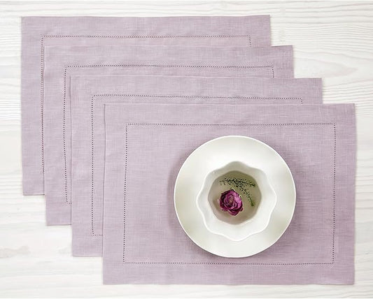Solino Home Linen Placemats Set of 4 - Classic Hemstitch Lilac Placemats 14 x 19 Inch - 100% Pure Linen Table Mats