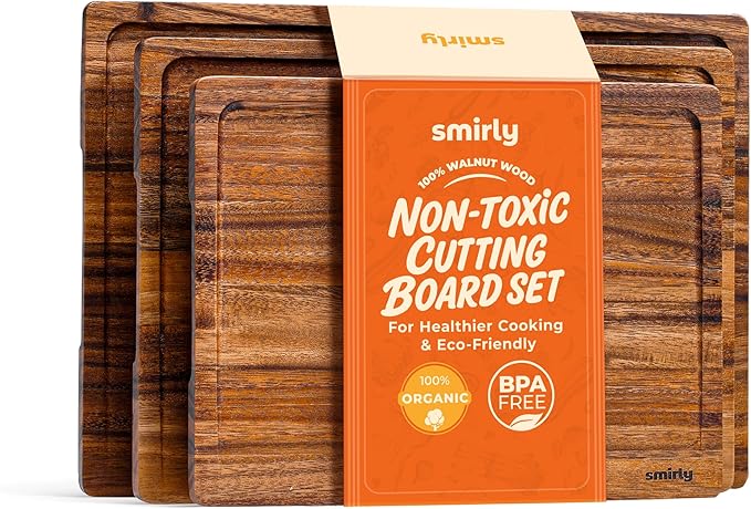 SMIRLY Walnut Wood Cutting Boards for Kitchen, Set of 3 Large - Small, Walnut Wooden Cutting Board Set with Deep Juice Grooves, Non Toxic Serving Tray