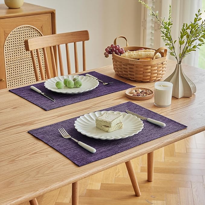 Softalker Faux Linen Placemats Set of 6-12 x 18 Inch, Heat Resistant Double Layered Durable Burlap Farmhouse Place Mats, Non-Slip Washable Rustic Table Mats for Dining, Kitchen, Party（Purple