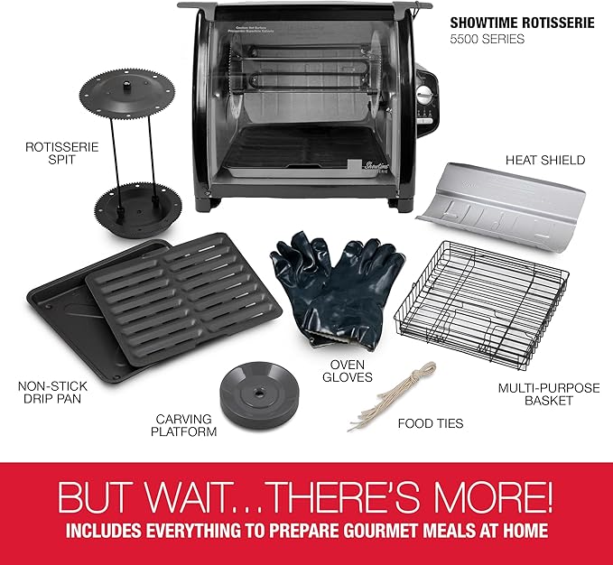 Ronco Showtime Large Capacity Rotisserie & BBQ Oven Modern Edition, Simple Switch Controls, Silicone Door Tie, Auto Shutoff, Includes Multipurpose Basket