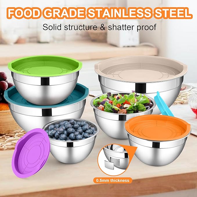 LIANYU Mixing Bowls with Lids Set of 6, Large 7 & 3.5 & 2.5 & 2 & 1.5 & 1QT Stainless Steel Serving Bowls, Kitchen Metal Nesting Bowl for Cooking, Food Storage, Dishwasher & Freezer Safe, Multi-Color