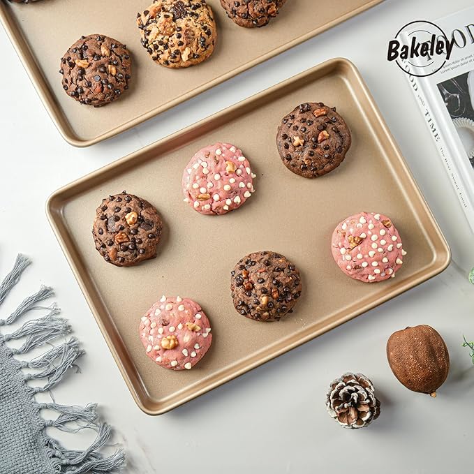 2-Piece Heavy Duty 0.8mm Baking Sheet Pan Set Quarter(9x13in)& Jelly Roll(10x15in), 2 Pack Baking Sheets Non Stick, Cookie Sheet Pan for Oven (Champagne Gold, 15.7"x10.6"/13.5"x9.6")