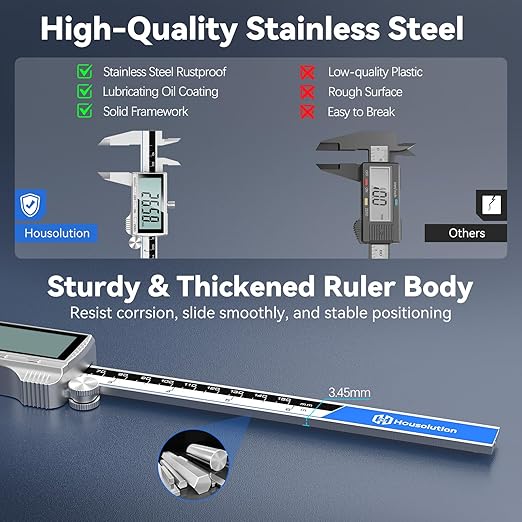 Housolution Digital Caliper, 8Inch Caliper Measuring Tool with Large LCD Screen, Inch/MM Switch, 4 Measuring Ways, Stainless Steel Micrometer Vernier Caliper with Splashproof Screen for Woodworkers