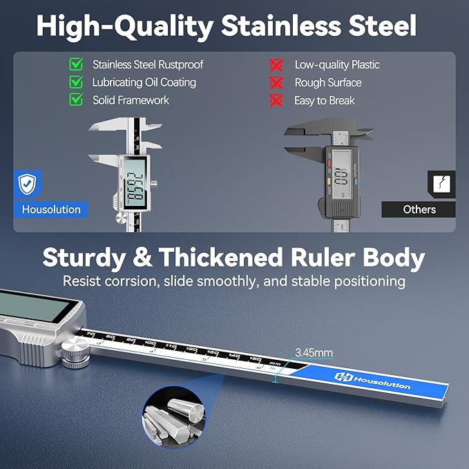 Housolution Digital Caliper, 6Inch Caliper Measuring Tool with Large LCD Screen, Inch/MM Switch, 4 Measuring Ways, Stainless Steel Micrometer Vernier Caliper with Splashproof Screen for Woodworkers
