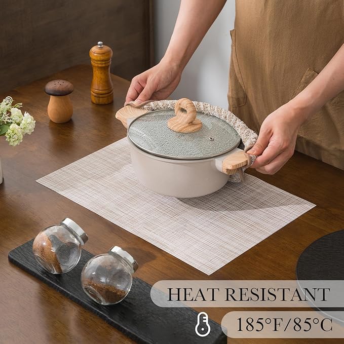 BACKTOEDEN Placemats Set of 8 Heat Resistant Washable Wipeable Placemat Woven Non-Slip Foldable Vinyl/Plastic Place Mats Indoor/Outdoor Mat Kitchen Dining Table Pad, Beige