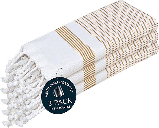 Beige Turkish Kitchen Towels 16x26 Inch, 3 Pack, 100% Cotton, Ultra Absorbent, Soft, Fast Dry, Machine Washable, Dish Towel with Tassels for Drying Dishes, Cleaning, Everyday Use