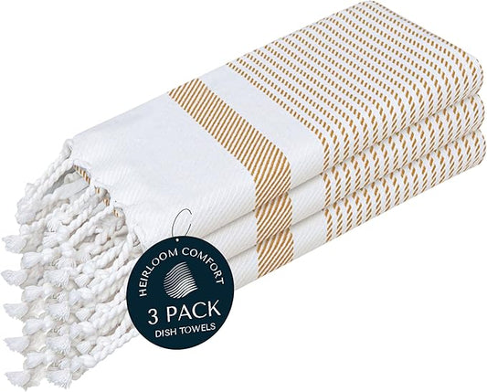 Beige Turkish Kitchen Towels 16x26 Inch, 3 Pack, 100% Cotton, Ultra Absorbent, Soft, Fast Dry, Machine Washable, Dish Towel with Tassels for Drying Dishes, Cleaning, Everyday Use
