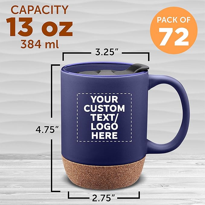 Custom Barista Ceramic Mugs with Cork Bottom 13 oz. Set of 72, Personalized Bulk Pack - Perfect for Coffee, Tea, Espresso, Hot Cocoa, Other Beverages - Blue