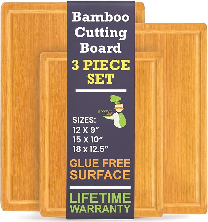 FSC® Certified Extra Large Bamboo Cutting Board Set of 3 – Featuring Glue-Free Surface™ Non Toxic Wood Cutting Boards for Safer Family Cooking and Lifetime Replacements - Rectangle