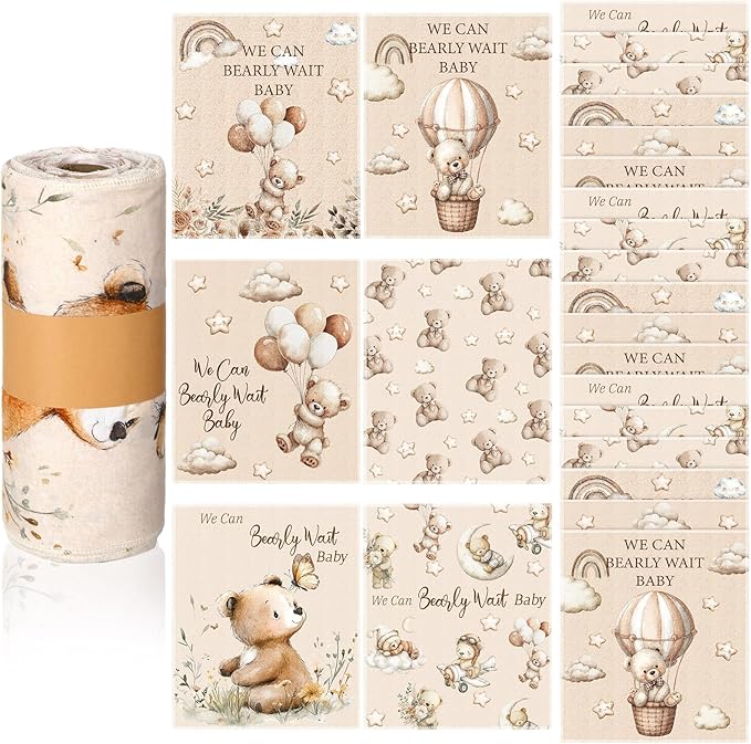 36 Pcs Baby Shower Reusable Paper Towels Rolls Washable Bulk We Can Bearly Wait Baby Teddy Bear Kitchen Towels Paperless Reusable Cloth Cotton Napkins with Cardboard for Kitchen Bathroom